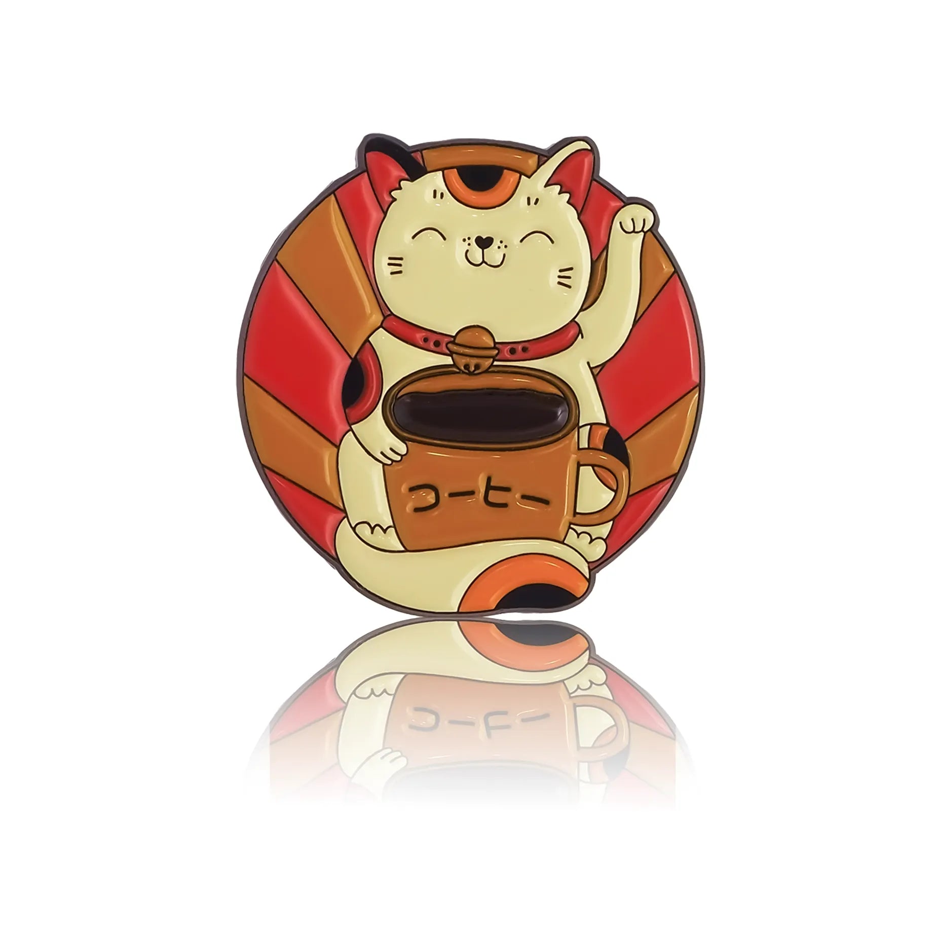 Kotek maneki-neko z kubkiem kawy 