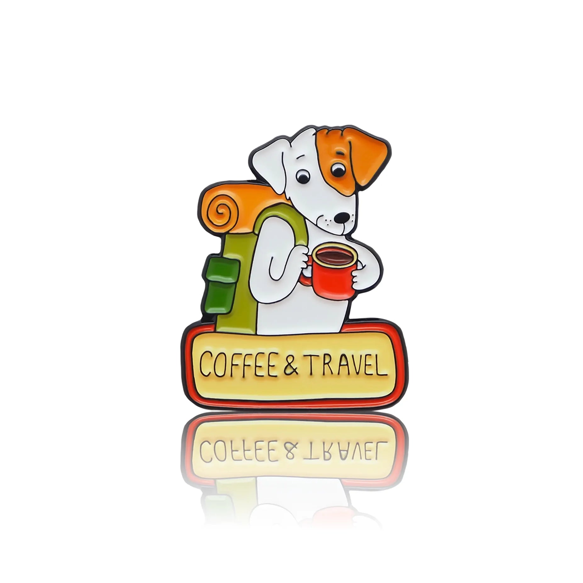 Piesek z plecakiem, kubkiem kawy i napisem "Coffee & Travel"