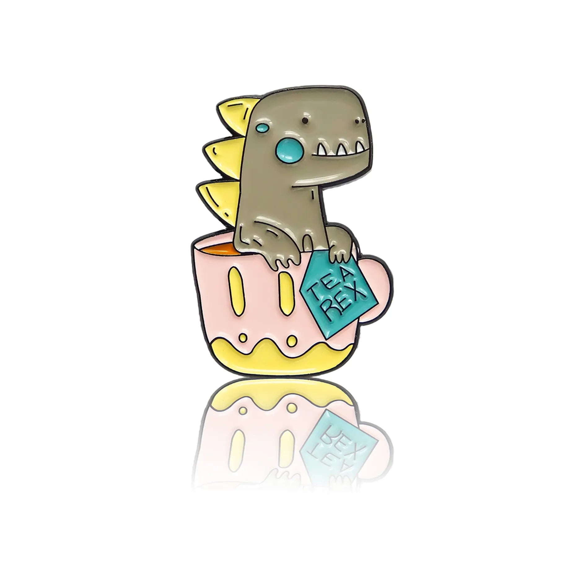 Mały dinozaur w kolorowym kubeczku z napisem tea-rex