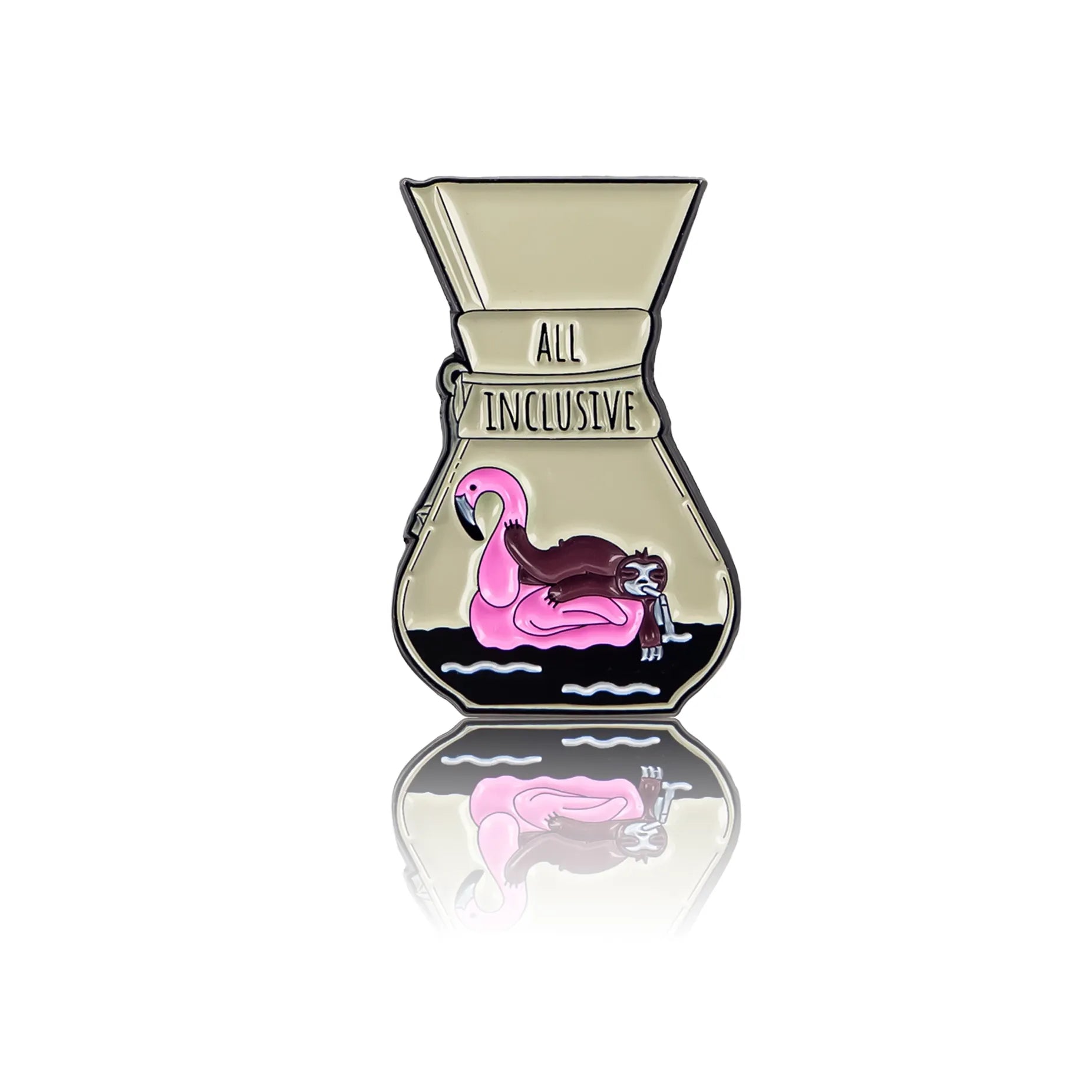 leniwiec pływający w chemexie, na dmuchanym różowym flamingu