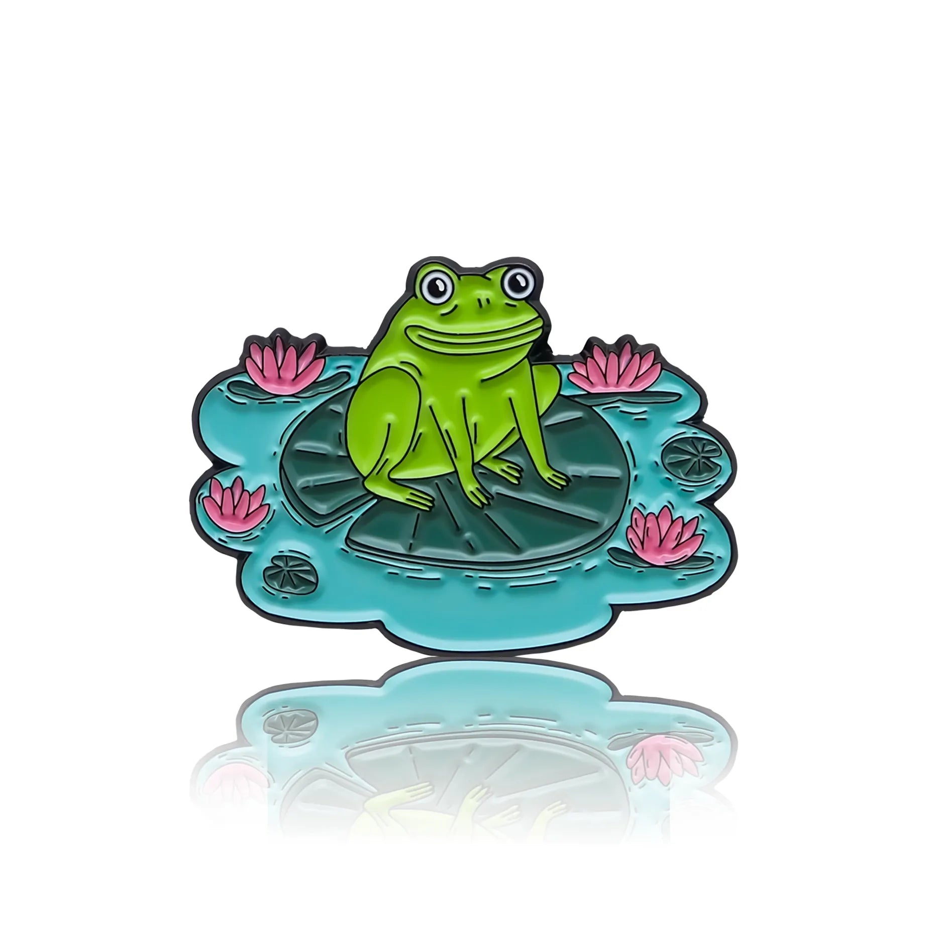 Zielona żaba siedząca na lili wodnej w w stawie