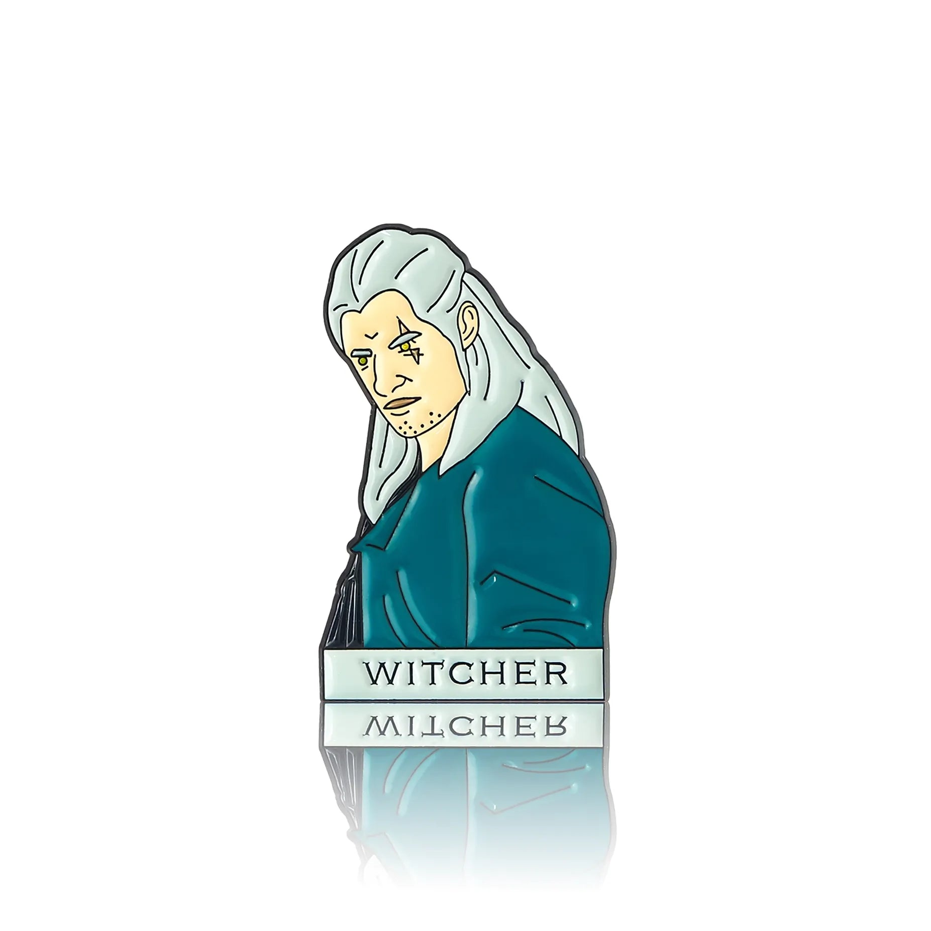 postać wiedźmina z serialu z napisem "witcher"